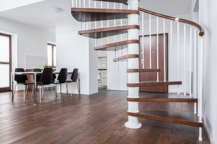 Wooden stairs and floor in contemporary house.