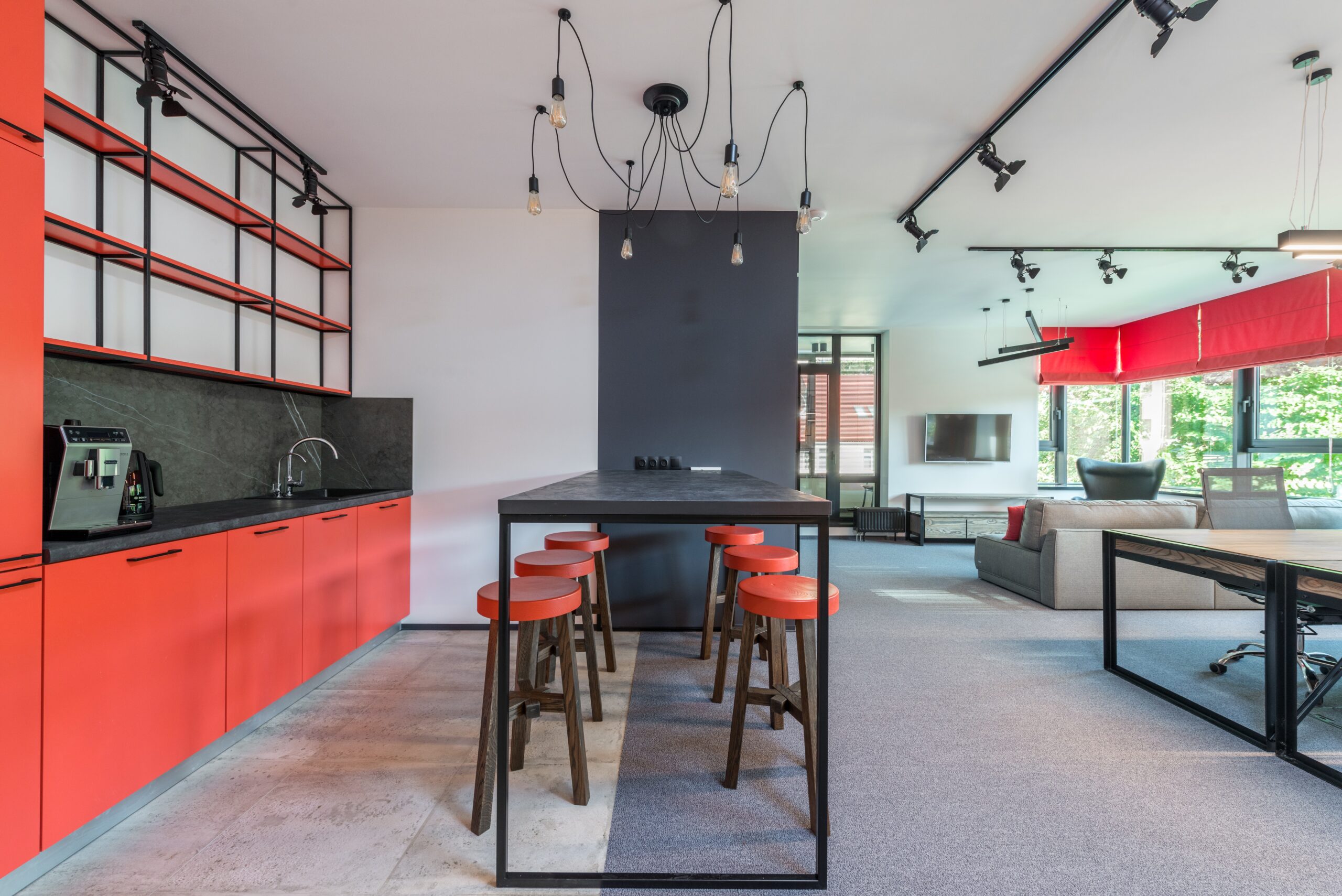 A picture of a colorful kitchen space